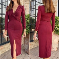 Sexy Knotted V-neck Long Sleeve Front Slit Bodycon Dress