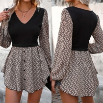 Fashion Contrast Color Printed V-neck Long Sleeve Irregular Hemline Mini Dress