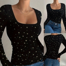 Fashion Star Printed Square Neck Long Sleeve Shirt