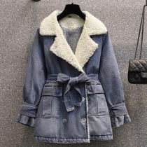 Fashion Warm Plush Lined Notch Lapel Long Sleeve Self-tie Old-washed Denim Jacket