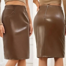 Fashion Solid Color High-rise Artificial Leather PU Skirt