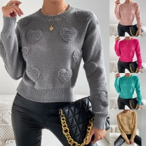 Fashion Crew Neck Heart Pattern Long Sleeve Knitted Sweater