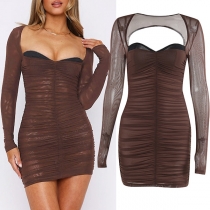 Sexy Sweetheart Neckline Gauze Long Sleeve Backless Ruched Bodycon Dress