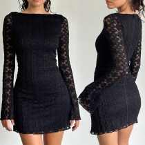 Elegant Jacquard Lace Crew Neck Long Sleeve Bodycon Lace Dress