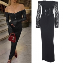 Sexy Lace Spliced Off-the-shoulder Cinch Waist Long Sleeve Maxi Dress