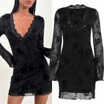 Sexy Floral Jacquard Lace Spliced V-neck Long Sleeve Bodycon Dress
