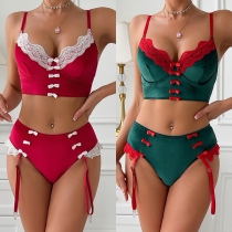 Sexy Contrast Color Lace Spliced Bowknot Two-piece Lingerie Set