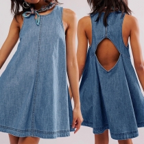 Casual Crew Neck Sleeveless Backless Denim Dress