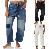 Street Fashion Patch Pockets Drawstring Waist Old-washed Denim Jeans