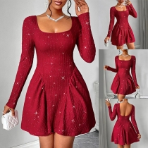 Sexy Bling-bling Square Neck Long Sleeve Ribbed Mini Dress