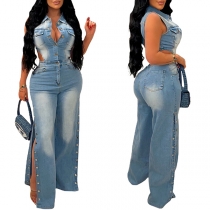 Fashion Stand Collar Sleeveless Front Button Side Cutout Side Button Slit Old-washed Denim Jumpsuit