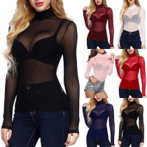 Sexy Mock Neck Long Sleeve Semi-through Shirt
