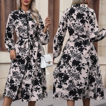 Fashion Floral Printed Mock Neck Long Sleeve Front Slit Self-tie Dress