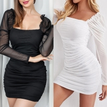 Sexy Square Neck Long Sleeve Ruched Bodycon Dress