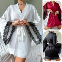 Comfy Lace Spliced Trumpt Long Sleeve Self-tie Robe