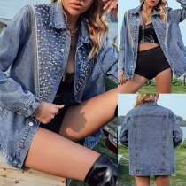 Street Fashion Rivet Stand Collar Long Sleeve Denim Jacket