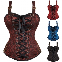 Vintage Floral Jacquard Lace-up Chain Cami Corset Shirt