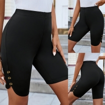 Fashion Solid Color High-rise Side Button Skinny Shorts