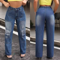 Fashion High-rise Patch Pockets Old-washed Straight-cut Denim Jeans