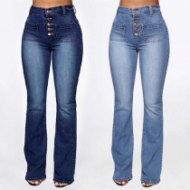 Fashion Button High-rise Patch Pockets Straight-cut Old-washed Denim Jeans