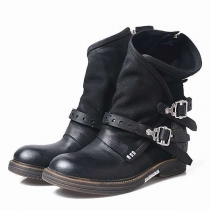 Fashion Round Toe Buckle Block Heel Artificial Leather PU Ankle Boots