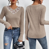 Fashion Lace Spliced V-neck Long Sleeve Ribbed Shirt