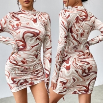 Fashion Printed Crew Neck Long Sleeve Side Drawstring Bodycon Dress