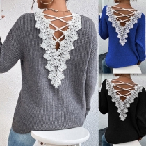 Sexy V-neck Long Sleeve Back Lace Spliced Criss-cross Sweater