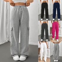 Fashion Solid Color Side Patch Pockets Elastic Drawstring Waist Straight-cut Sweatpants