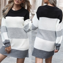 Fashion Contrast Color Crew Neck Long Sleeve Sweater Dress