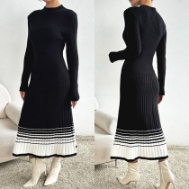 Fashion Crew Neck Long Sleeve  Contrast Color Stripe Printed Hemline Bodycon Ribbed Dress