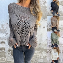Fashion Crew Neck Long Sleeve Hollow Out Knitted Sweater