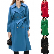 Fashion Solid Color Notched Lapel Long Sleeve Double-breasted Self-tie Duffle Jacket