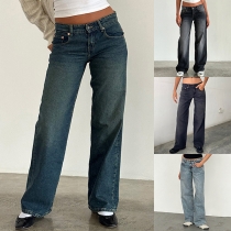Fashion Mid-rise Straight-cut Old-washed Denim Jeans