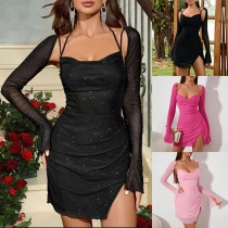 Sexy Bling-bling Gauze Spliced Draped Square Neck Front Cutout Side Slit Backless Bodycon Party Dress