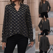 Fashion Diamond Pattern V-neck Long Sleeve Shirt