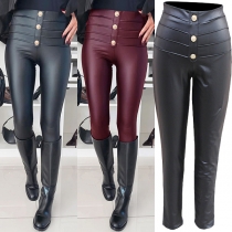 Street Fashion Solid Color High-rise Button Skinny Artificial Leather PU Pants
