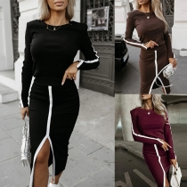 Street Fashion Contrast Color Stripe Printed Two-piece Set Consist of Crop Shirt and Slit Skirt