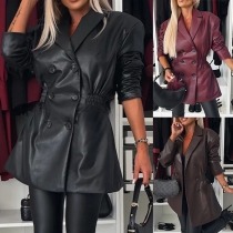Street Fashion Notch Lapel Double-breasted Long Sleeve Elastic Waist Artificial Leather PU Jacket