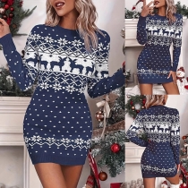 Vintage Elk Pattern Crew Neck Long Sleeve Knitted Bodycon Dress