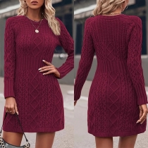 Elegant Solid Color Crew Neck Long Sleeve Cable Pattern Sweater Dress