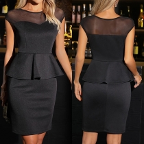 Elegant Gauze Spliced Crew Neck Sleeveless Ruffle Bodycon Dress