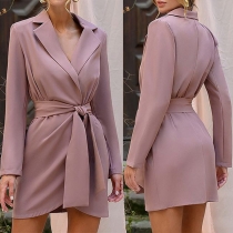 Elegant Notch Lapel Long Sleeve Self-tie Suit Dress