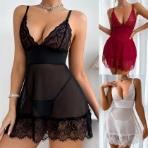 Sexy Lace Spliced Gauze V-neck Semi-through Nightwear Dress