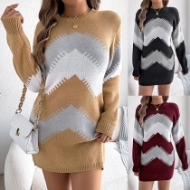 Casual Contrast Color Wave Printed Crew Neck Long Sleeve Knitted Sweater Dress