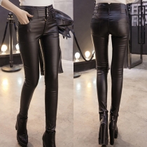 Street Fashion High-rise Plush Lined Artificial Leather PU Skinny Pants