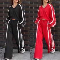Fashion Side Stripe Printed Sport Two-piece Set Consist of Crop Sweatshirt and Loose Sweatpants