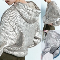 Street Fashion Drawstring Hooded Long Sleeve Silver Knitted Sweater