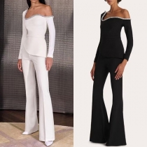 Sexy Rhinestone Irregular Shoulder Long Sleeve Wide-leg Jumpsuit