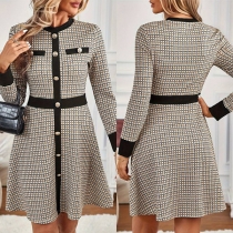 Vintage Houndstooth Printed Button Crew Neck Long Sleeve Mini Dress